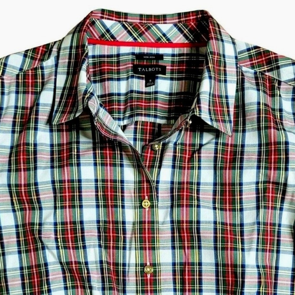 Talbots Womens 8 Plaid Button Down Shirt Non Iron Metallic Long Sleeve